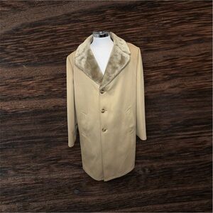 VTG ZERO KING Mens Sz 48L Tan Khaki Faux Fur Collar/Lining Winter Overcoat USA